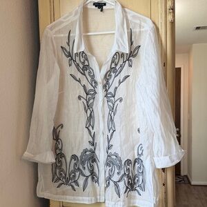 NIC+ZOE White Sheer Button-Front Shirt with Black Embroidery